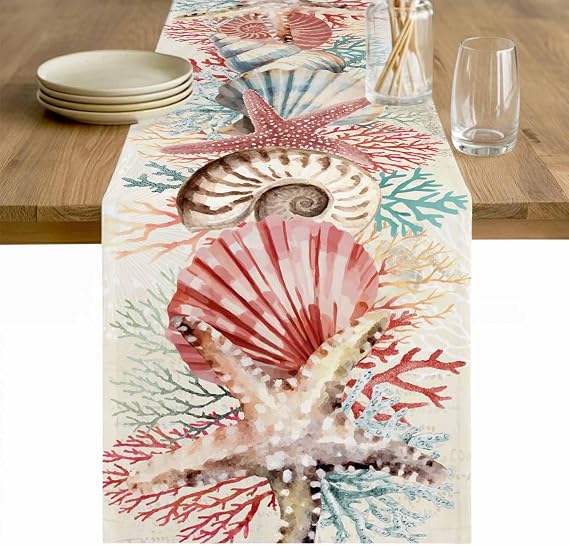 Red Coral Coastal Table Runner - 48 Inch Long Ocean Shell Starfish Nautical Beach Cotton and Linen Blended Dress Scarves Farmhouse Table Runner for Kitchen Dining, Coffee Table, 13" x 48"