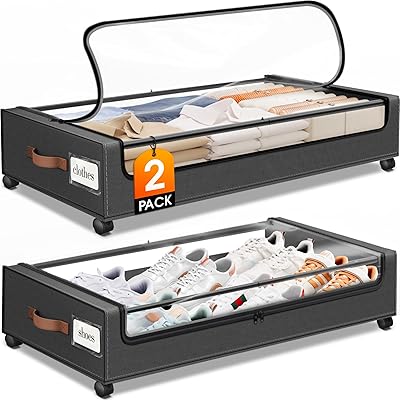 Under Bed Storage with Wheels 2Pack Storage Containers with Clear Window&Label Under Bed Drawers Rolling Under Bed Storage for Clothes,Shoes, Blankets 30.71 x 16.93 x 6.69 in, Dark Grey