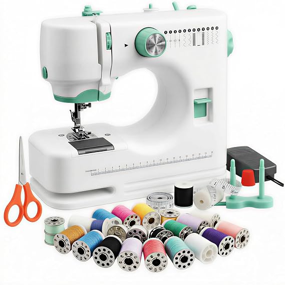 DIY Craft Sewing Machine, 12-Stitch Portable Electric Machine for Beginners, with 14 Bobbins & Accessories Kit, Perfect for Handmade Gifts, Fashion & Art Projects (White and Green)