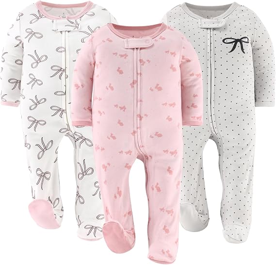 The Peanutshell Baby Sleepers for Girls Set of 3 - Soft Cotton Footed Pajamas for Newborns & Infants - Pink Balletcore