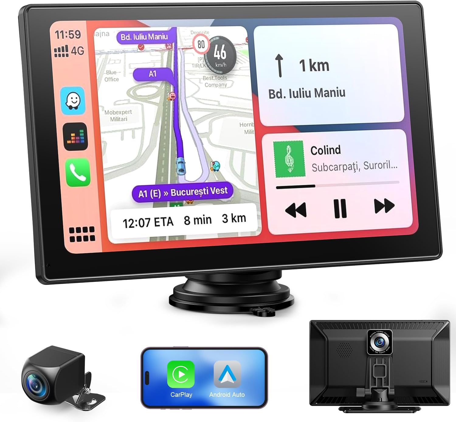 9" Wireless Portable Car Play Screen for Apple CarPlay &amp; Android Auto, Touchscreen Car Stereo with 1080P Backup Camera, OTA Updates,Mirror Link, Voice Control, GPS Navigation, FM