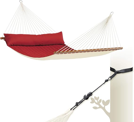 LA SIESTA Alabama Quilted Hammock with Spreader Bar & TreeMount, Fabric Tree Hammock with Tree Straps for Beams Posts - Weatherproof Outdoor Hammock - 2 Person Double Hammock Bed -XL King, Red Pepper