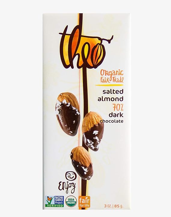 Theo Chocolate Organic Salted Almond 70 Percentage Dark Chocolate Bar, 3 Ounce - 12 per case.