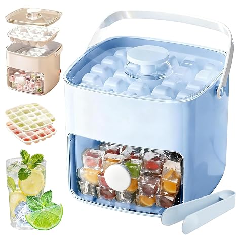 48 Cube Ice Maker with Easy Press Lid, Upgraded Press-Type Ice Cube Tray with Storage Bin & Lid, Double-Deck Ice Maker Box, Easy Release Silicone Trays for Freezer, DIY Drinks (B)