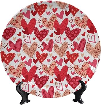 Decorative Ceramic Plates, 10 Inch, Valentines Day Hearts Round Display Plate, Handmade Ceramic Ornament, for Kitchen Party Coffee Table Decor Art