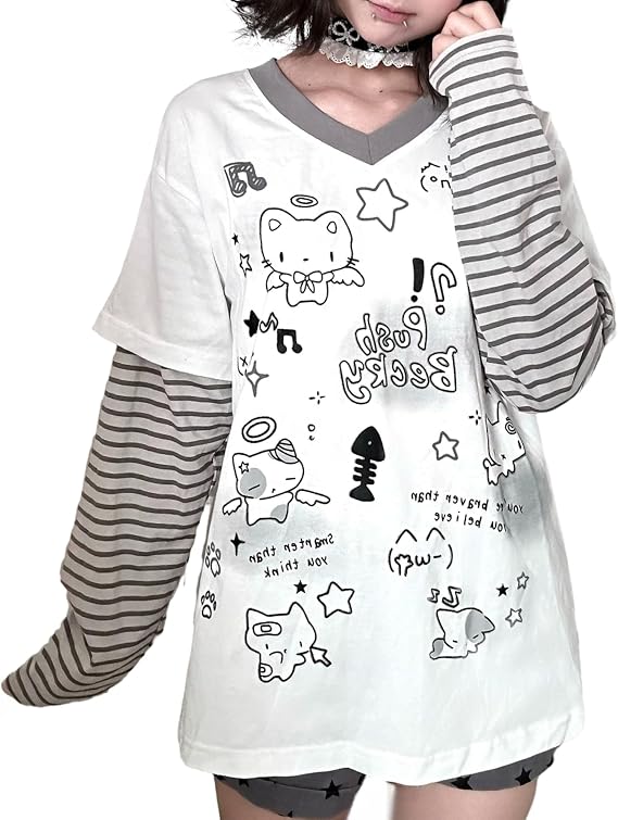 RICHTRUE Cutecore Harajuku Y2k Shirts Kawaii Cute Polka Dot Striped Long Sleeve Graphic Tees Women Teen Girls Aesthetic
