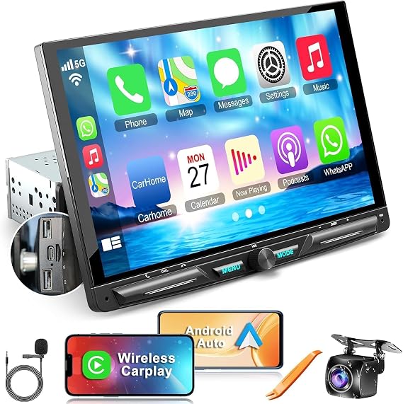 Wireless 10.1" Single Din Car Stereo CarPlay Radio, Carplay Android Auto Touch Screen, Bluetooth 5.3, Car Audio Receiver, 240W Subwoofer, Backup Camera, FM/AM SWC