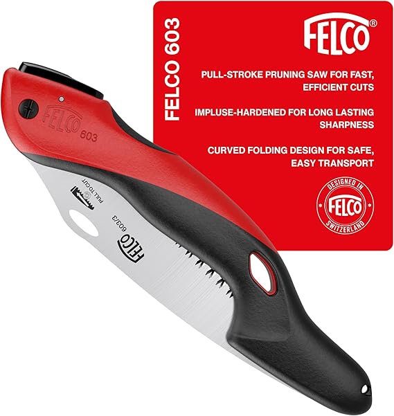 FELCO 603 Folding Pruning Saw Curved Pull-Stroke Saw for Tree Trimming & Elevated Cut | Tree Branch Cutter | Folding Handsaw with Chrome-Plated 8" Blade, Non-Slip Handle, Blade Lock, Swiss Precision