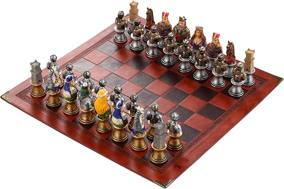 Handmade Medieval Warrior Chess Set with Resin Pieces and Leather Board
