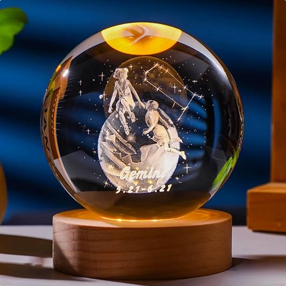 3D Crystal Ball 80mm Quartz Glass Ball Laser Engraved Astrology Decorative Lamp,Zodiac Signs Gifts,Astrology Gifts,Tabletop Night Lights Crystal Sculpture Gifts for Home Bedroom Decor