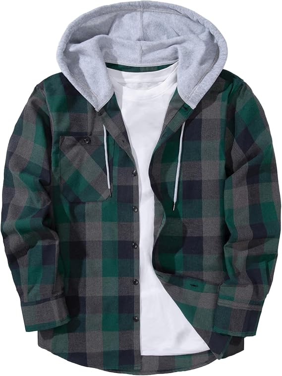 ZITY Men's Flannel Hoodie Shirts Casual Button Down Long Sleeve Plaid Shirt | Big Tall, with Pocket, Adjustable Cuffs, Machine Wash, Business,Work, Office, Vacation, Graduation, Wedding, Party, Daily