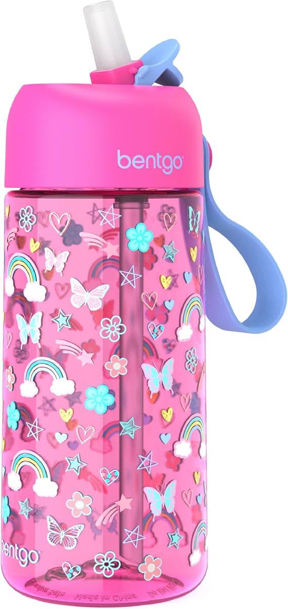 Bentgo Kids Water Bottle, Leak-Proof, Bite & Sip Spout, 15 fl oz | PFAS & BPA-Free, Shatter-Resistant, Carry Handle, Lightweight, Top-Rack Dishwasher Safe (Rainbows & Butterflies)