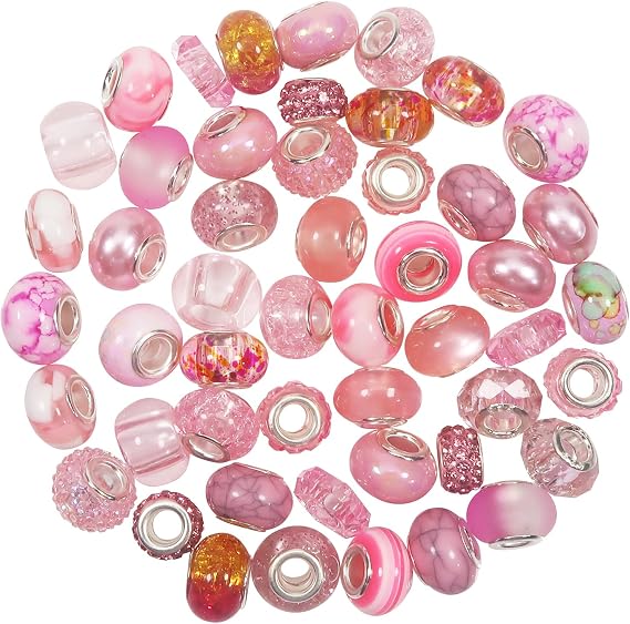 TOAOB 50pcs European Large Hole Craft Beads Pink Rhinestone Garden Beads for DIY Charms Bracelet Jewelry Making Crafts Stakes Decoration