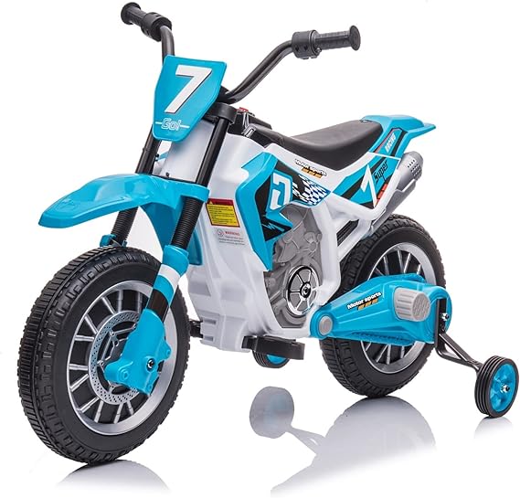 12V Battery Powered Motorcycle for Kids Electric Dirt Bike for Toddler Ride On Toys for Kids w/ 2 Speeds Training Wheels Music and Shock Absorber, Blue