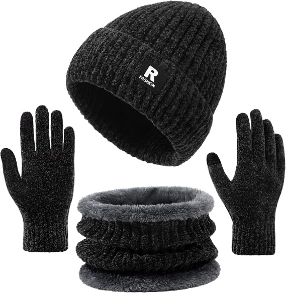Winter Beanie Hat Circle Scarf Gloves Set for Men Women, Thick Warm Chenille Skull Cap Touchscreen Gloves Neck Warmer
