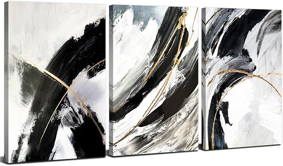 3 Piece Black and White Wall Art for Living Room Abstract Pictures Bedroom Decor Marble Texture Canvas Prints Neutral Posters Watercolor Line Fluid Ink Wall Paintings Artwork Hallway Decoration 12x16"