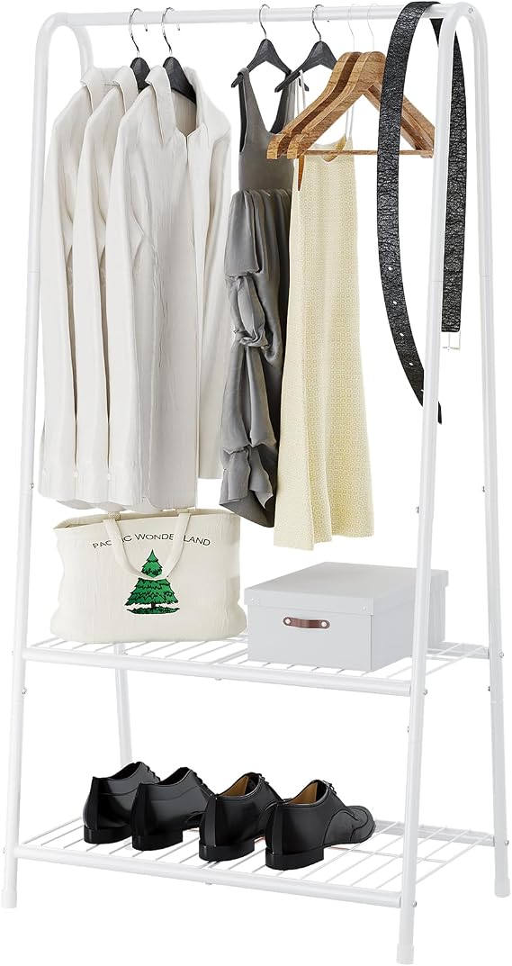 Buzowruil Metal Small Clothes Rack,Clothing Garment Rack with Double Layer Shelf for Clothes,Dress, Shoes,White