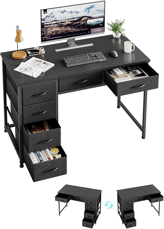 MUTUN 100x48 cm Desk, Small Computer Desk with 6 Fabric Drawers, Reversible Home Office Desk with Adjustable Feet, Work Desks for Office, Study, Vanity Table for Bedroom, Black