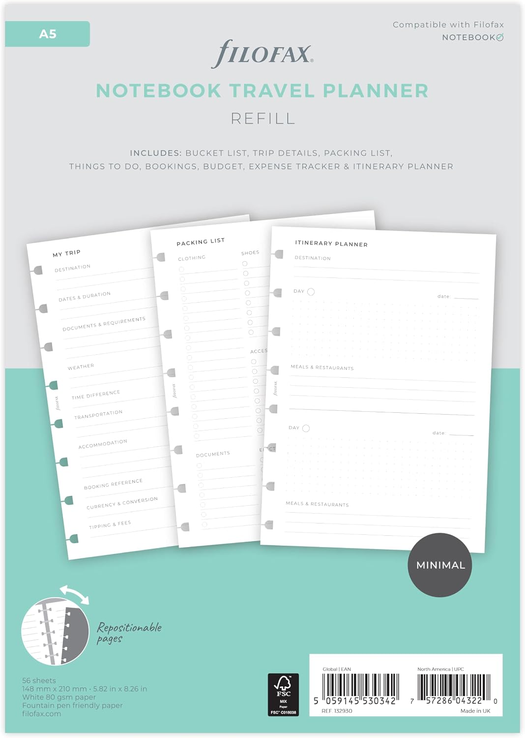 Filofax A5 Travel Planner refillable Notebook Refill