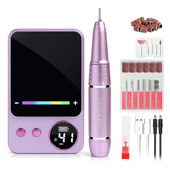Vrenmol Nail Drill Professional: 45000 RPM Electric Nail File Smart Touchscreen Rechargeable Nail Dr Ill Kit Portable Nail Drill with 12 Drill Bits for Acrylic Nail Gel Polishing Removing Efile Salon