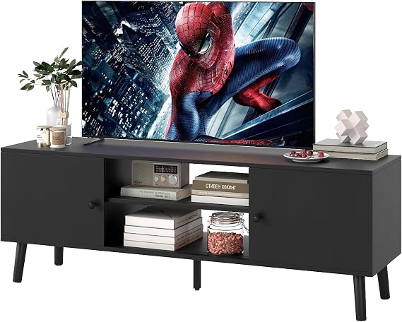 FDW TV Stand for 55 60 Inch TVs,Entertainment Center with 2 Storage Cabinets and Open Shelves, Modern Media Console Table for Living Room, Bedroom, Home Office,Black