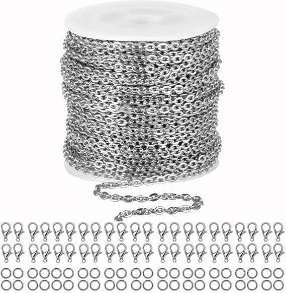 55ft Cable Link Chain for Jewelry Making,Stainless Steel O-Shaped Chain with 100 Pcs Jump Rings and Lobster Clasps For Keychain DogTag,Silver Plated Necklace Chains for jewellery DIY Craft (0.8*3*4mm)
