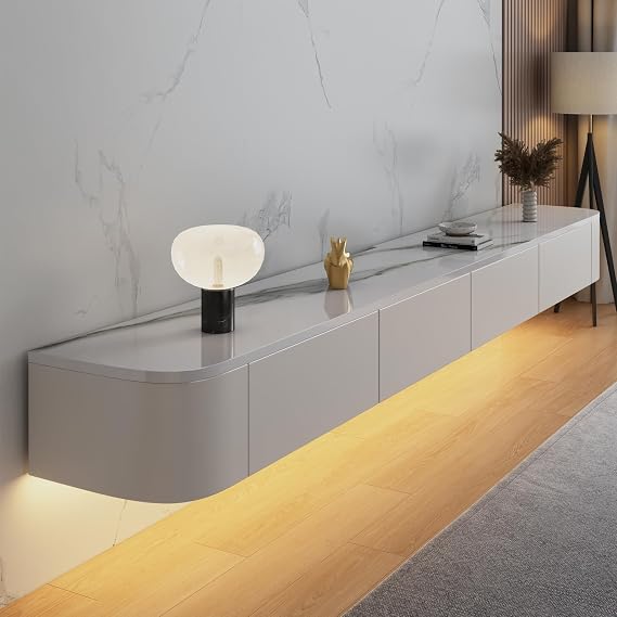 Floating TV Stand Cabinet wall mounted Marble texture Floating tv Shelves with LED light & Doors & Drawer Modern Media Entertainment TV Console Storage TV Unit for Living Room (160cm/63in)