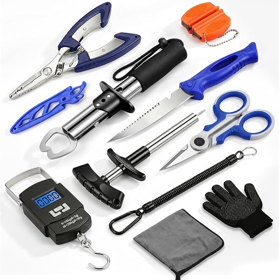 Fishing Tool Kit - Fishing Pliers, Hook Remover, Fish Gripper,Fish Scale, Fish Knife, Saltwater Fishing Gear with Sharpeners, Best Gifts for Men