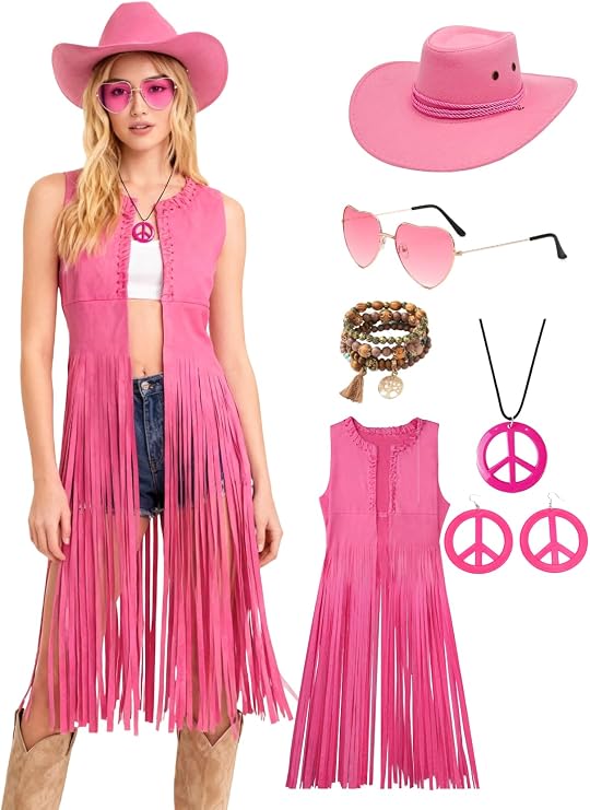 Verceco Cowgirl Outfits for Women Western Retro Cow Girls Costume Country Fringe Vest and Cowboy Hat 6 PC 70s Hippie Outfit