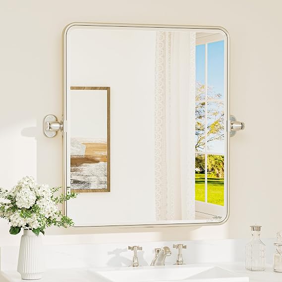 TETOTE Brushed Nickel Pivot Mirror for Bathroom 20 x 24 Pivoting Tilt Rectangle Beveled Tempered Glass Mirror, Farmhouse Metal Framed Bathroom Vanity Mirror for Wall, Horizontal/Vertical