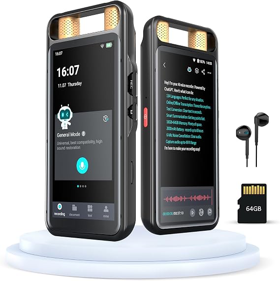 AI Voice Recorder with Playback & Touch Screen - 80GB Digital Voice Recorder with Real Time Translation, Smart Summary & Noise Cancelling for Meetings, Lectures Black