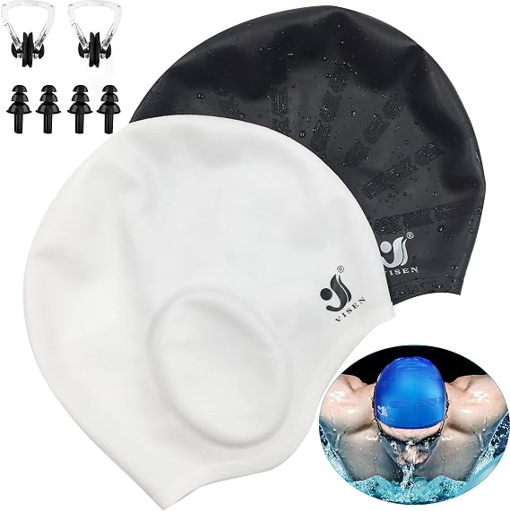 Unisex Swim Caps Ear Protection,2Pack Silicone Swimming Caps for Short/Long Hair with Ear Plugs&Nose Clip,Waterproof Flexible Swimming Hat for Women Men Adults Kids,Easy to Put On and Off,Black+White