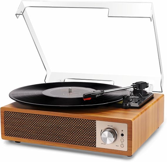 Record Player, VOKSUN Bluetooth Vinyl Turntable with Built-in Stereo Speaker Belt-Driven Vintage Phonograph Record Player Vinyl Player, 3 Speed Turntable with Digital Encoder, USB, RCA, Aux IN, Wood