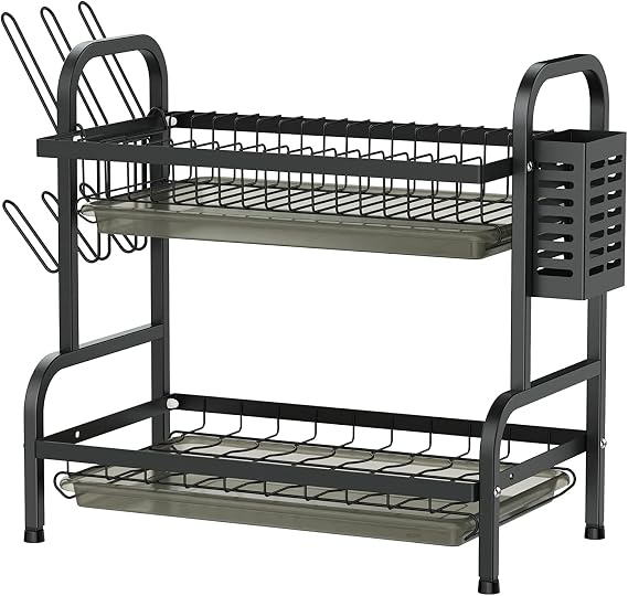Dish Drying Rack,2 Tier Stainless Steel Dish Rack Drainboard Set,Utensil Holder, Cutting Board Holder,Dish Drainer for Kitchen Counter,Space-Saving (Black)