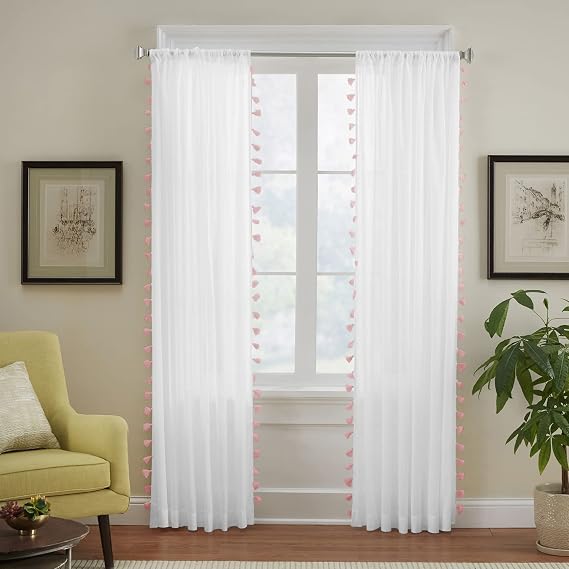 Elrene Home Fashions Bianca Boho Semi-Sheer White Cotton Rod-Pocket Window Curtain Panel with Colorful Side Tassels, 52 inches by 84 inches, Blush Pink