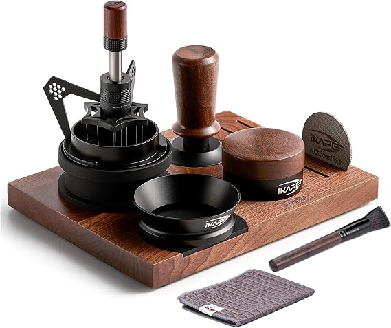 IKAPE 58mm Espresso Tamper Set 8 IN 1 Kit, Elegant Wooden Espresso Tamper, Distributor with Tamper Base, Mantis WDT Distribution Tool, Puck Screen, Dosing Funnel, Cleaning Towel and Brush