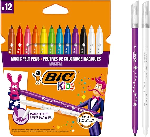 BIC Kids Magic Felt Pens - Washable Kids Colouring Pens - Erasable Ink with Two Erasers Included - 12 Pack
