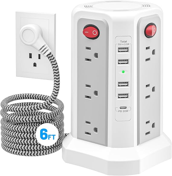 PD20W USB C Surge Protector Power Strip, 6ft Long Extension Cord