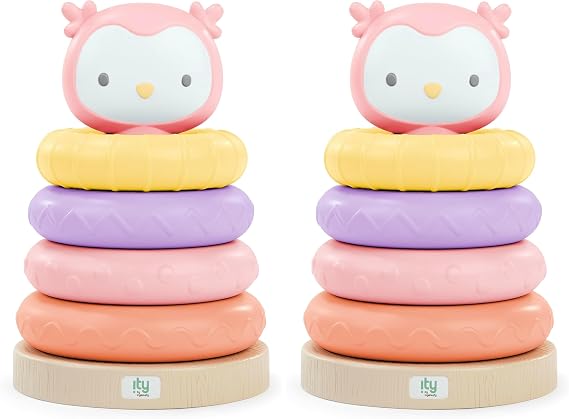 Ingenuity ity Cutie Stacks, 4 BPA-Free Rings, Faux Wood Stand, Owl Topper, Unisex, for Ages 6 Months and Up - Nally (Pack of 2)