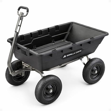 Gorilla Carts Heavy-Duty Poly Yard Dump Cart, 10 Cu Ft Tub, 1500 lb Haul Capacity, Black Towable Utility Wagon with Quick-Release Dumping & Pneumatic Tires for Landscaping and Gardening