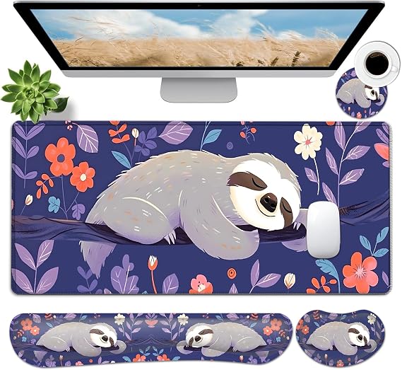 JVGFYNKL Large Gaming Mouse Pad Set, Ergonomic Memory Foam Keyboard Wrist Rest Support + Mouse Wrist Rest + Extended Desk Mat with Non-Slip Rubber Base, Cute Sloth Pattern Blue Desk Pad
