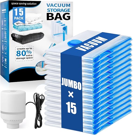 15 Jumbo Vacuum Storage Bags for Bedding with Electric Pump | Extra Large Storage Bags Vacuum Sealed Bags for Blankets Space Saver Bag for Clothing Travel Bedding Comforters Pillow Duvets