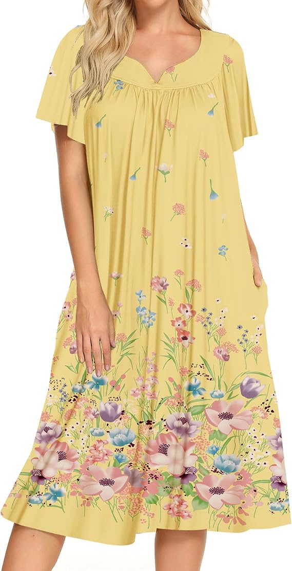 Bloggerlove House Dresses for Women With Pockets Mumu Duster Housecoat Short Sleeve Patio Dress S-XXL
