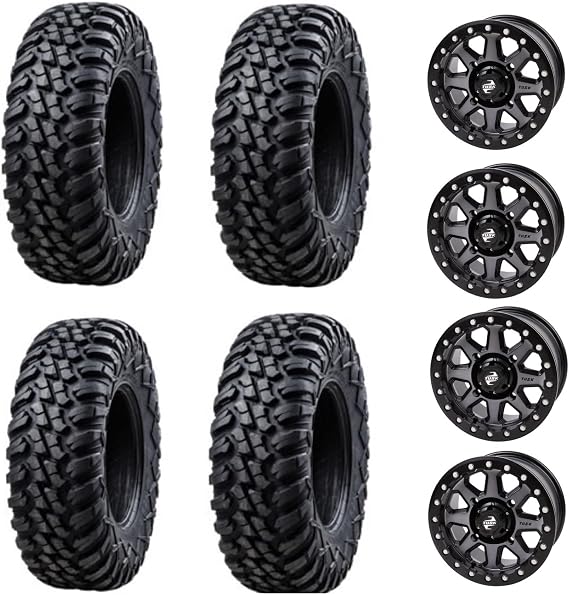 Tusk Racing Four 28x10-14 TERRABITE 8-Ply Radial UTV Tires on UINTA Beadlock Wheels - For Honda Pioneer 1000 1000-5 1000-6 4/137 Bolt Pattern, Includes Lug Nuts (Gun Metal, 4+3 Wheel Offset)