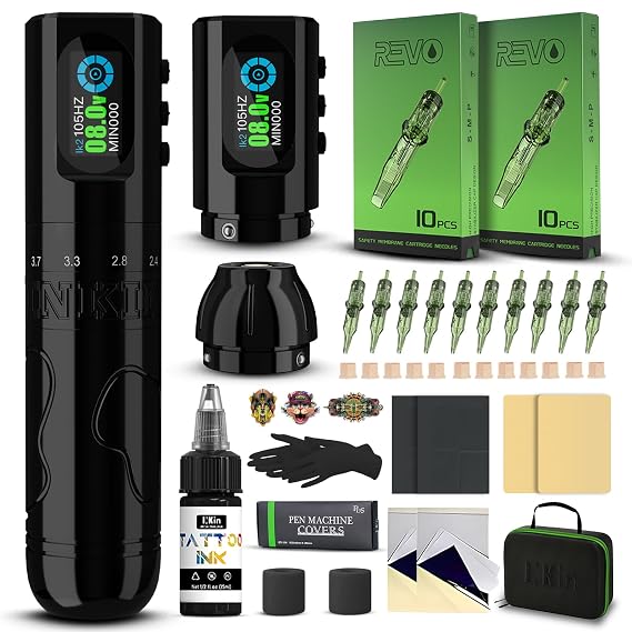 INKin Tattoo Gun Kit for Beginners Complete Set, InkFlexo Wireless Tattoo Machine with 6 Adjustable Stroke and 2Pcs 1600mAh Batteries, Tattoo Kit with Revo Tattoo Needles and Ink for Tattoo Artists