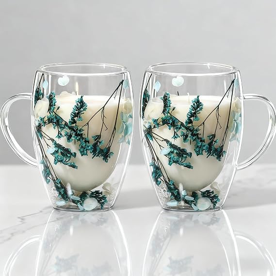 350ml Dried Flower Double Walled Glass Mugs Set of 2, Double Insulated Coffee Mugs with Handles, Drink Glasses Tea Cup Mugs for Coffee Tea Milk Juice Ice Cream(Blue Series)