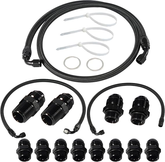 10AN Upgraded Nylon and Stainless Steel Braided Transmission Cooler Hose Line Fitting Kit Compatible with Chevrolet/Chevry/GMC 6.6L Duramax (LLY/LBZ/LMM) 2001-2005 Anodized