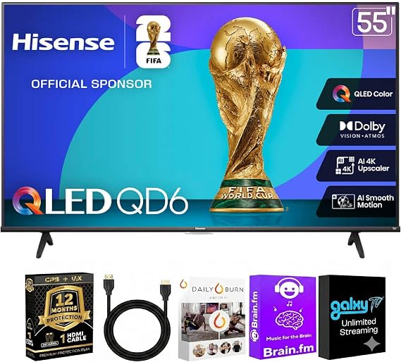 Hisense 55" QD6 Series 4K QLED Fire TV Bundle with HDMI Cable | 4K QLED, Fire TV, HDMI Cable, 12-Month CPS Plan & Streaming Bundle