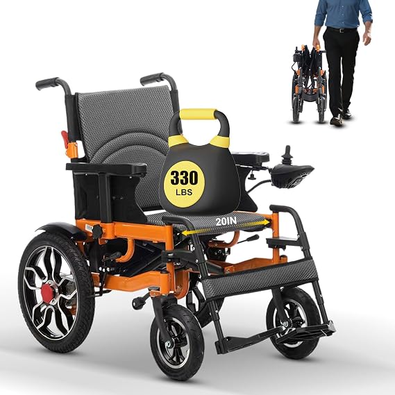 Electric Wheelchair for Adults,20" seat Width Foldable Motorized Wheelchair for Seniors,Intelligent All Terrain Power Wheelchairs,30 Miles Long Travel,Portable Airline Approved (Orange A)