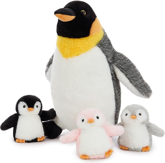 MorisMos Big Penguin Teddy Soft Toy, 35cm Mom with 3 Cuddly Baby Inside, Giant Fluffly Penguin Stuffed Animal Realistic Kawaii Gift for Kids Birthday Christymas